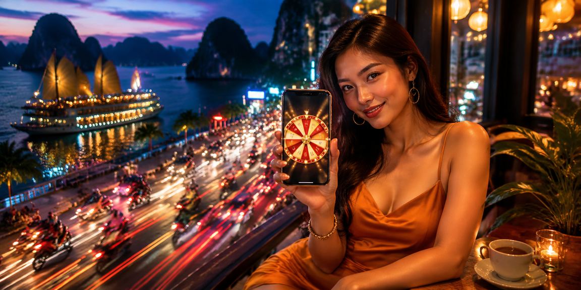 Du khách thư giãn tại vịnh Hạ Long thử vận may roulette và kiểm tra số dư tài khoản trên laptop